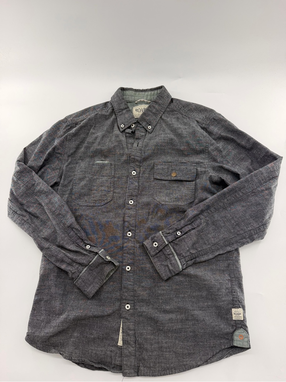 Roark Scholar Chambray Button Down Shirt Grey Gray Mens Large Cotton Long Sleeve
